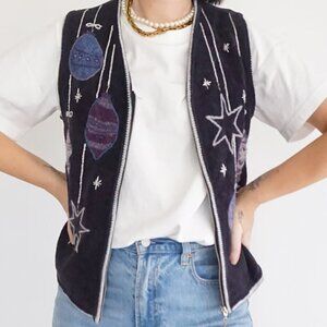 Vintage Christopher & Banks Navy Embroidered Christmas Ornaments Zip Vest S